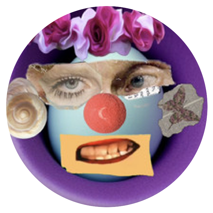 The FLANBEHA face — a collage of flowers, a shell, borrowed eyes, a red clown nose and a torn-paper smile